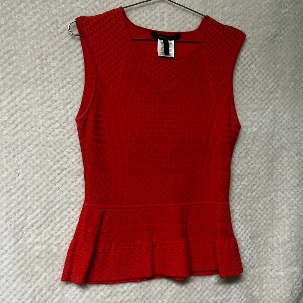 BCBGMAXAZRIA Alyona Pointe Peplum Top Coral Round Neck Cotton Silk MED - Picture 3 of 9